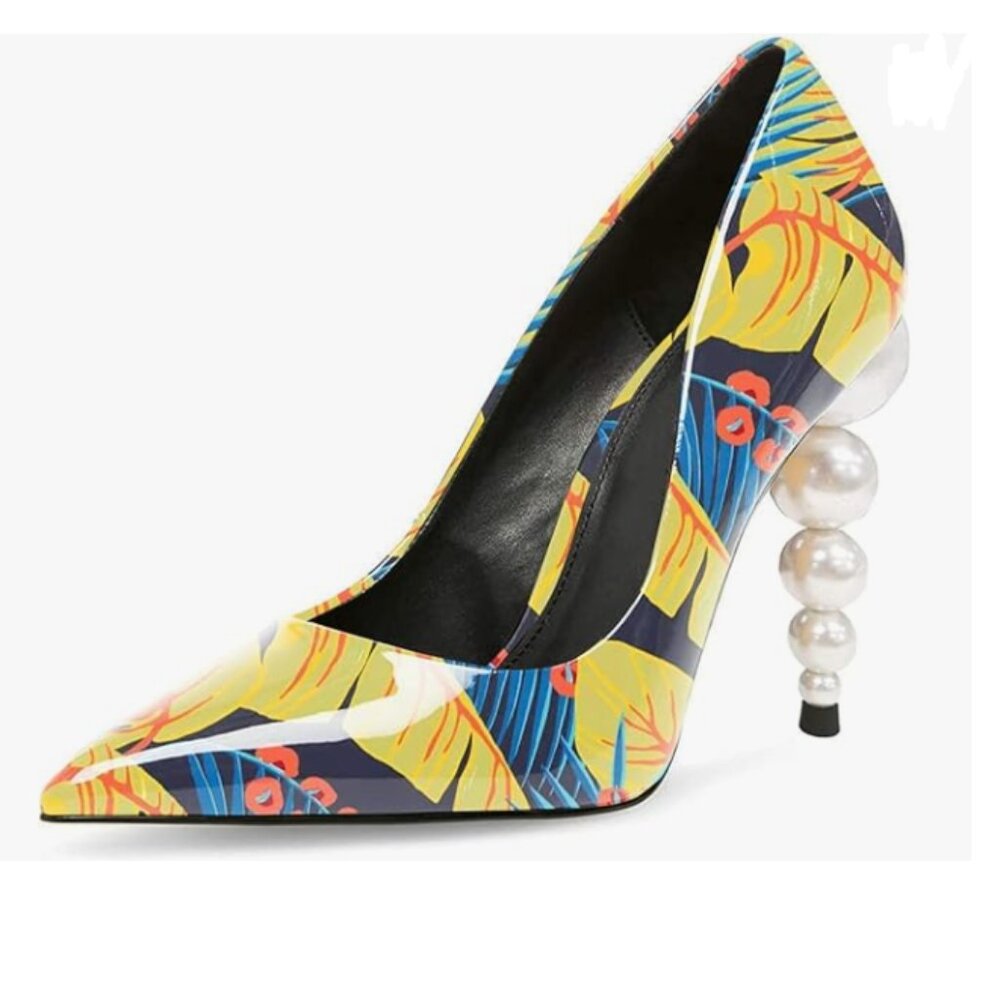 FSJ Autumn Pearl Beaded High Heel Slip On Pump Pointed Toe Classic Club Shoe